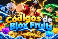 Portada de códigos de Blox Fruits con personajes estilo Roblox, frutas, monedas y temática de aventura