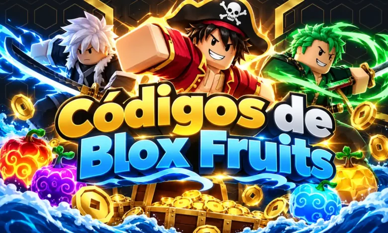 Portada de códigos de Blox Fruits con personajes estilo Roblox, frutas, monedas y temática de aventura