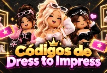 Portada de códigos de Dress to Impress con avatares estilo Roblox y elementos de moda