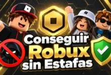 Portada con jugadores de Roblox, símbolo de Robux y elementos de seguridad para evitar estafas