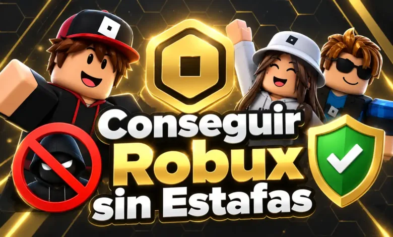 Portada con jugadores de Roblox, símbolo de Robux y elementos de seguridad para evitar estafas