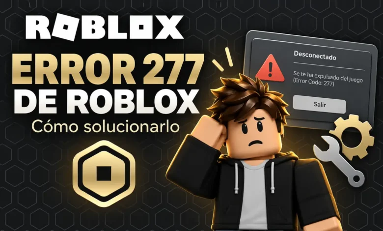 Portada sobre el error 277 de Roblox con personaje preocupado y elementos de solución técnica