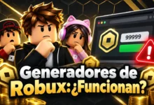 Portada educativa sobre generadores de Robux con señal de advertencia y jugadores de Roblox