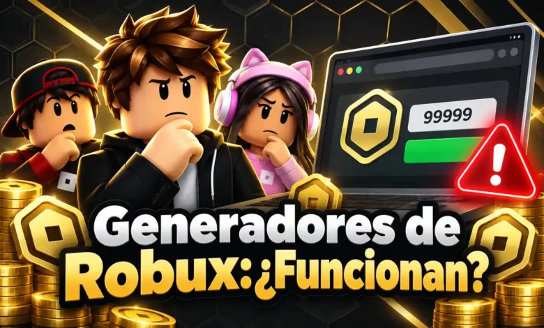 Portada educativa sobre generadores de Robux con señal de advertencia y jugadores de Roblox