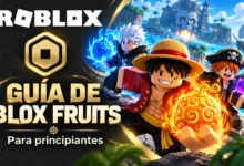 Portada de guía de Blox Fruits para principiantes con personajes estilo Roblox y temática de aventura