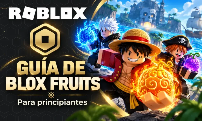 Portada de guía de Blox Fruits para principiantes con personajes estilo Roblox y temática de aventura