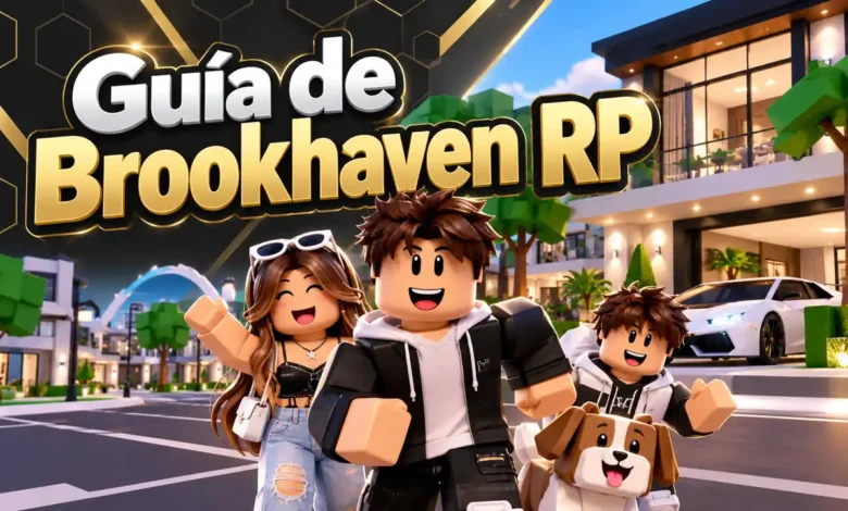 Portada de guía de Brookhaven RP con personajes estilo Roblox, casa, vehículo y ambiente de ciudad
