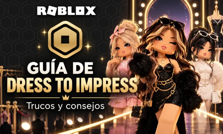 Portada de guía de Dress to Impress con avatares estilo Roblox en una pasarela de moda