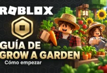 Portada de guía de Grow a Garden con personajes estilo Roblox en un jardín colorido