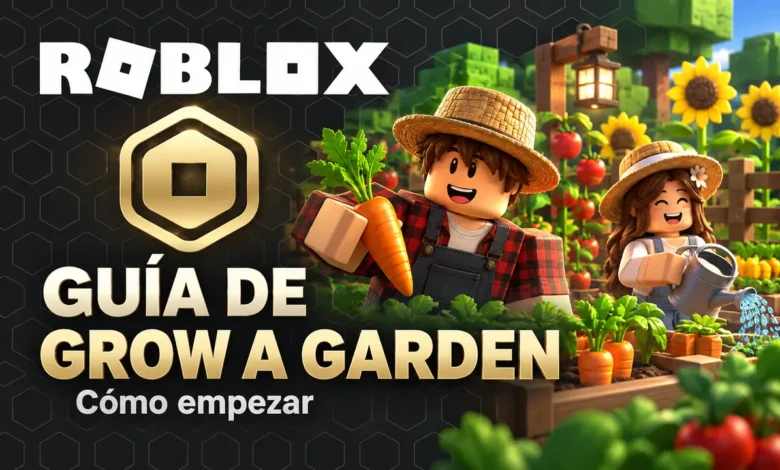 Portada de guía de Grow a Garden con personajes estilo Roblox en un jardín colorido