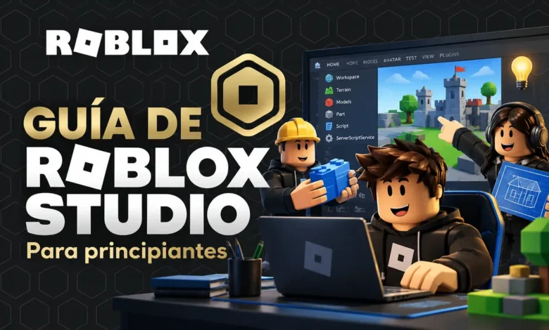 Portada de guía de Roblox Studio con avatares estilo Roblox creando un juego
