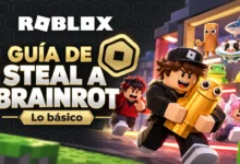 Portada de guía de Steal a Brainrot con personajes estilo Roblox y temática divertida