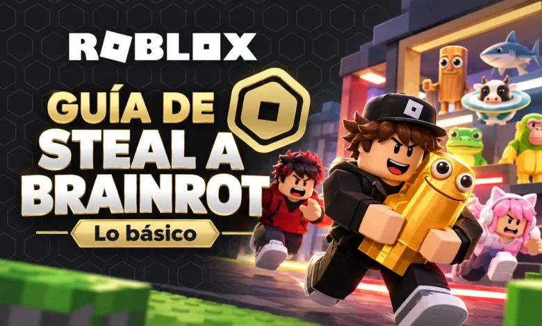 Portada de guía de Steal a Brainrot con personajes estilo Roblox y temática divertida