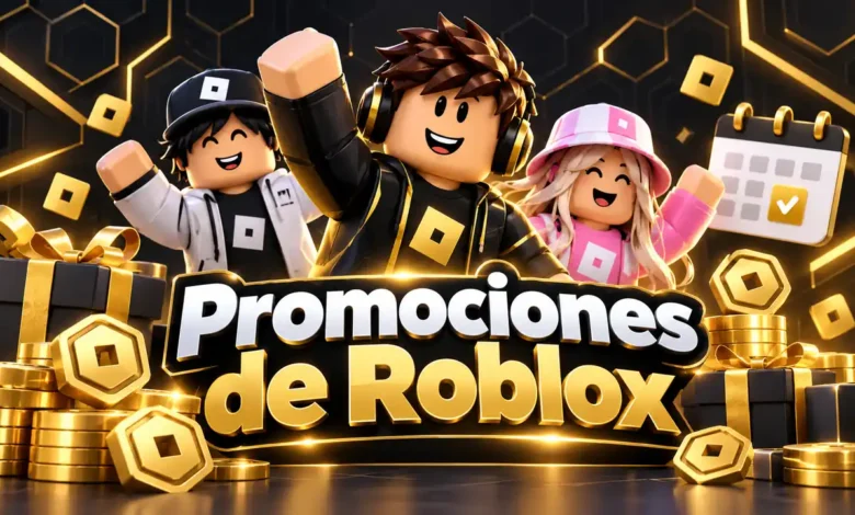 Portada sobre promociones de Roblox con jugadores, regalos y elementos promocionales