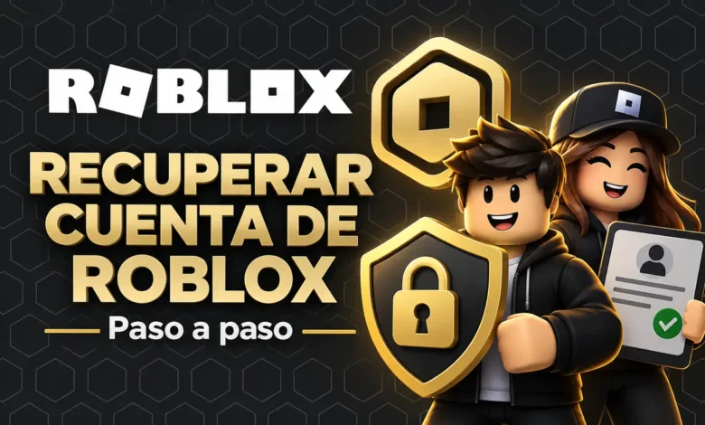 Portada sobre recuperación de cuenta de Roblox con candado y elementos de seguridad