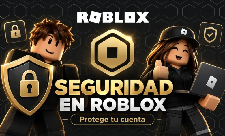 Portada sobre seguridad en Roblox con escudo, candado y personajes estilo Roblox