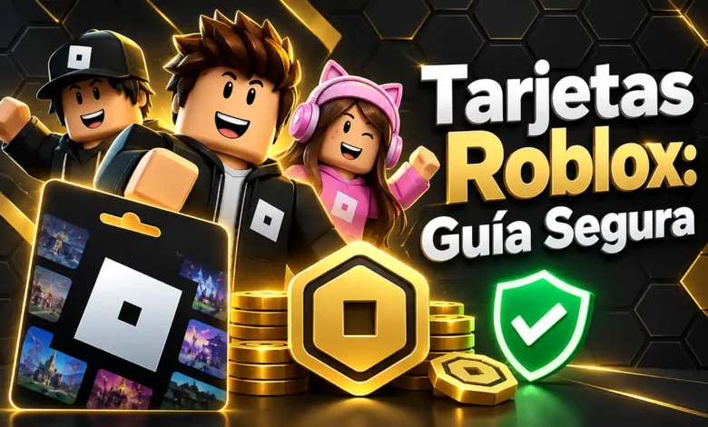 Portada sobre tarjetas de regalo Roblox con jugadores, tarjeta y símbolo de Robux